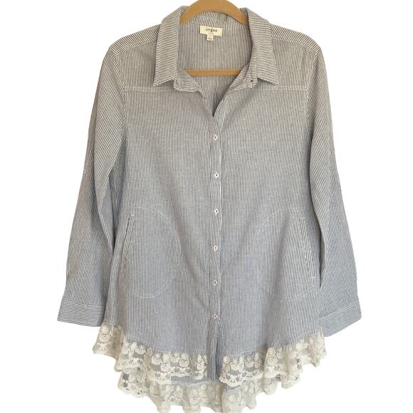 Umgee Button Down Tunic Womens Size L Striped Lace Trimmed Relaxed Casual - Picture 1 of 8